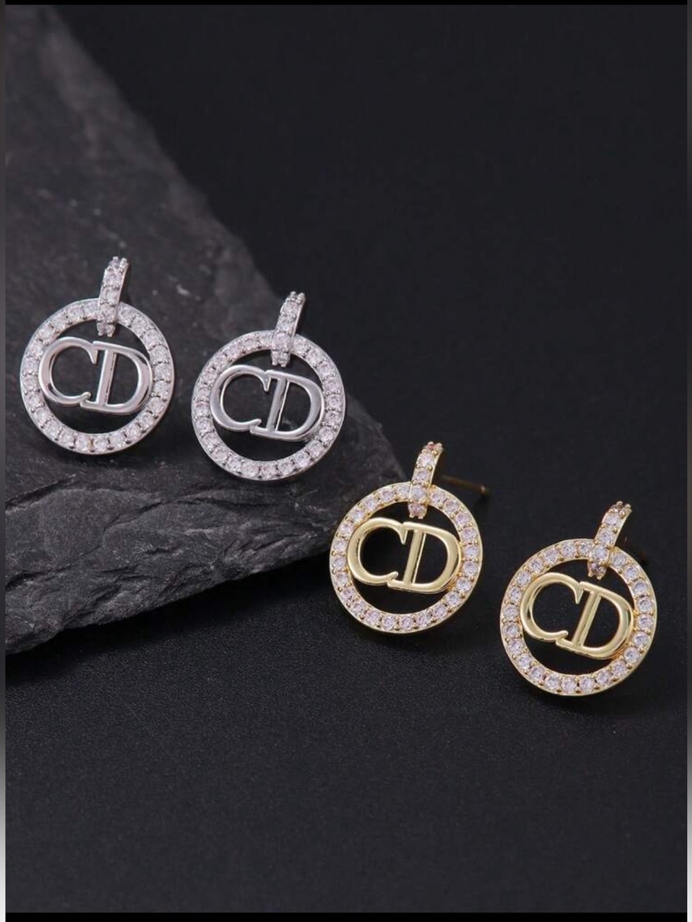 CD Logo Crystal Circle Drop Earrings - Silver
